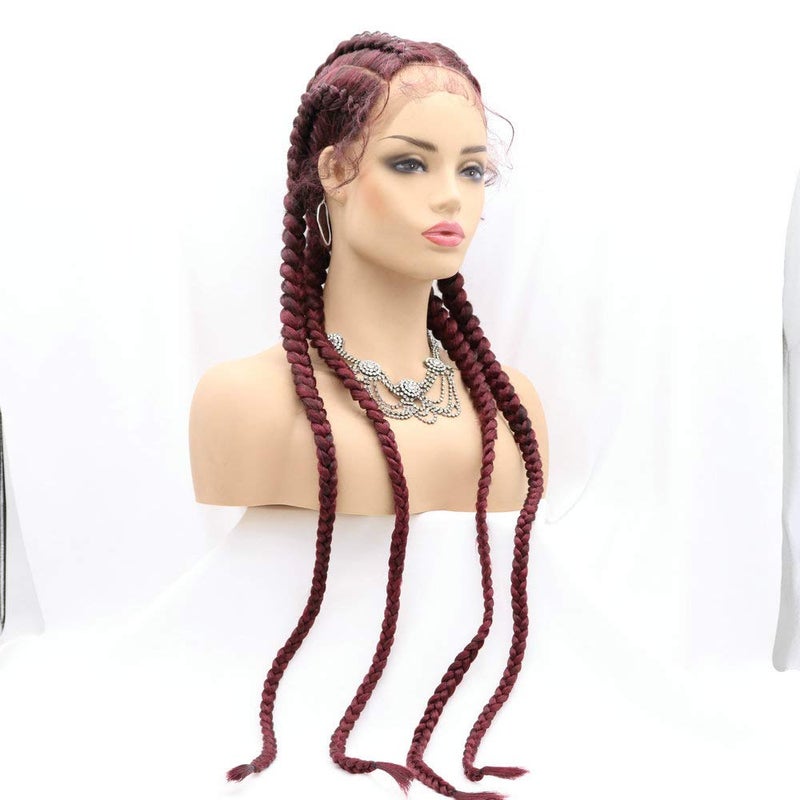 RainaHair 4 Twist Hand Braided Lace Front Wigs 32 Inches 1B# Black Mixed 27# Wig with Baby Hair 100% Hand-Braided Brown for Women (32 Inch) (Red) - Image 4